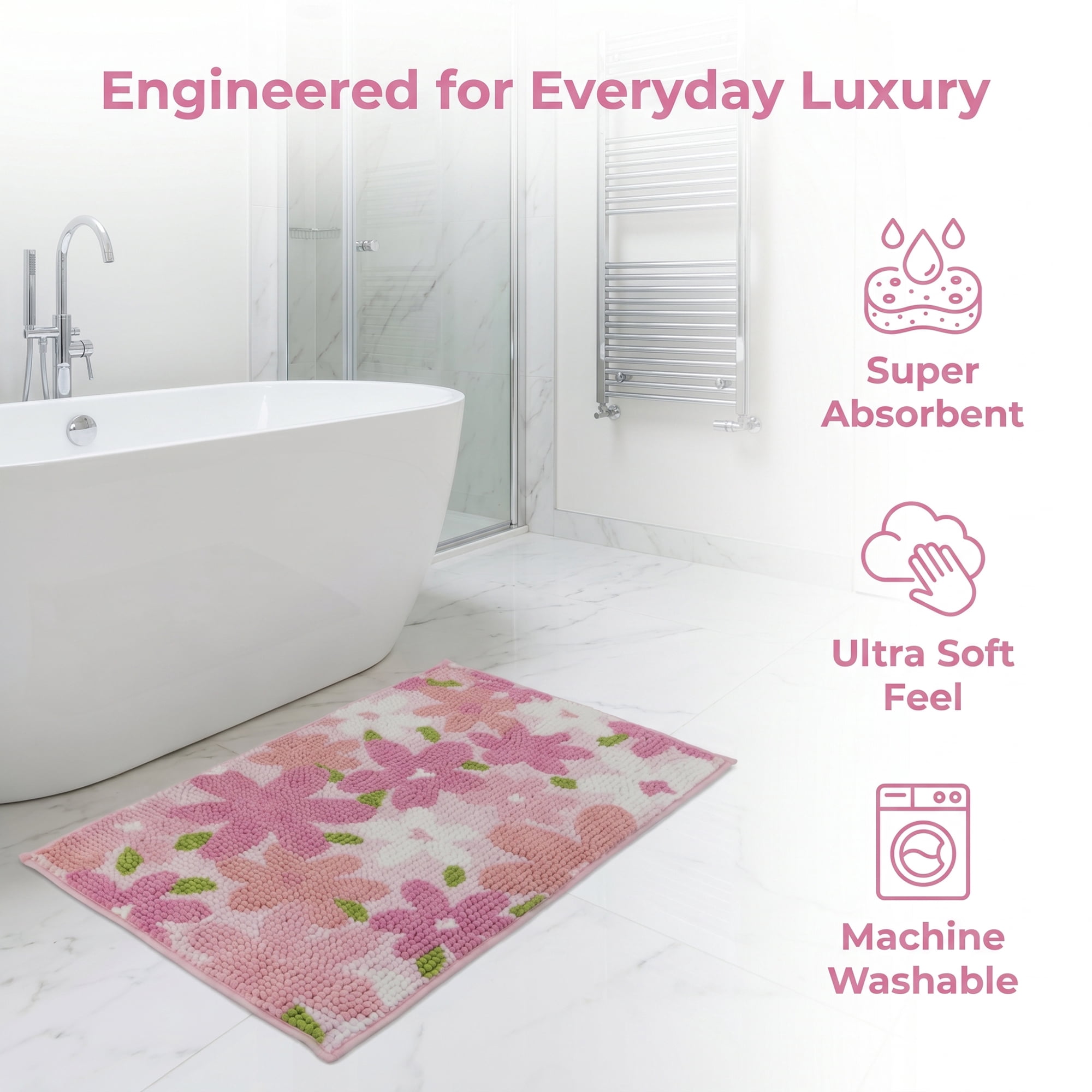 Unique Bargains Chenille Ultra Soft Non Slip Machine Washable Shower Rug Pink 24" x 16"