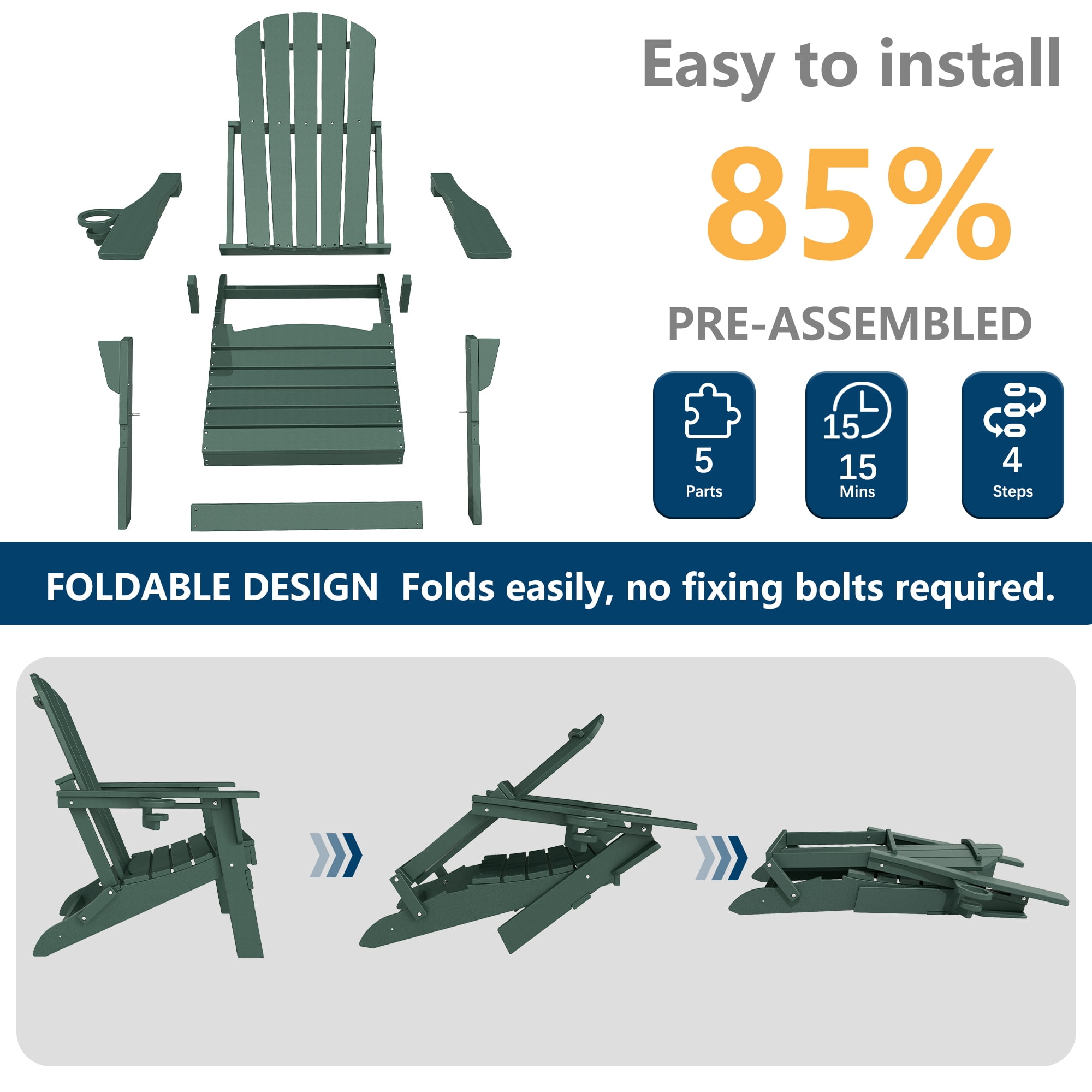 FOOWIN HDPE Folding Adirondack Chair with Cup Holder, Fire Pit Chairs Set of 2, Green