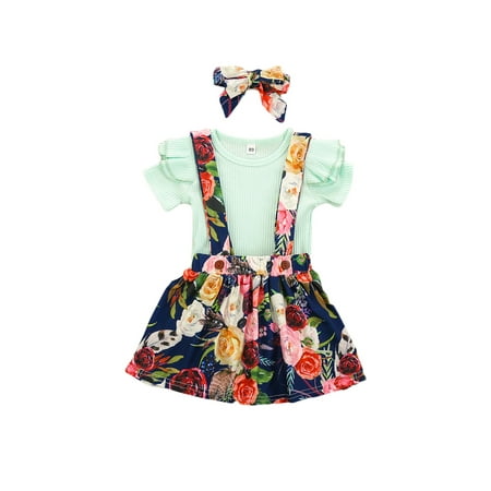 

Diconna Baby Girl Solid Color Fly Sleeve Round Collar Top Floral Suspender Skirt