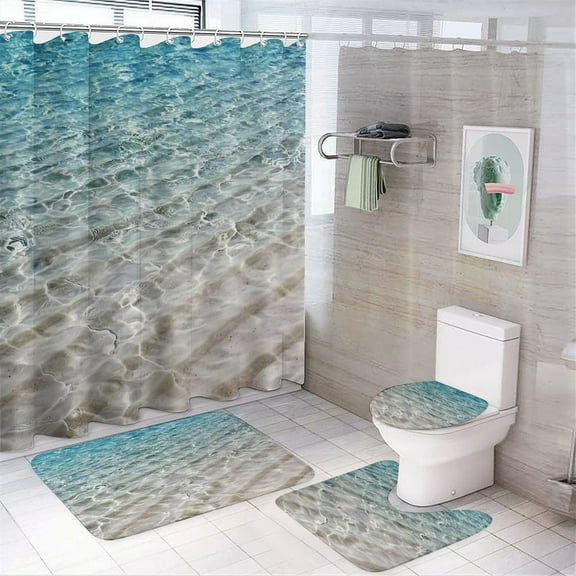 3D Ocean Seawater Beach Water Shower Curtain Set Modern Bathroom Decor Mats 4pcs Fabric Bathroom Curtain Slip Floor Rug Toilet Lid