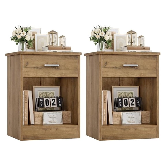 NBBNHH Nightstand Set of 2, 2-Tier Bedside Table with Drawer & Shelf, Modern End Table, Wooden Night Stands for Bedroom, Living Room, Home Office