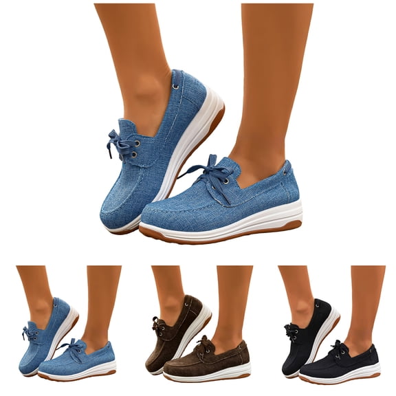 Pandaie Women's Platform Denim Sneakers Retro Casual Lace up Tennis Running Walking Shoes Ladies Wedge Heel Slip on Dressy Shoes Black 6