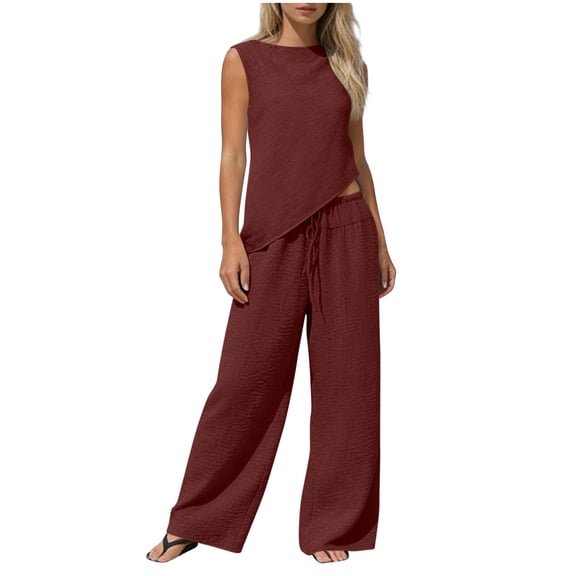 Gealkoca Women's Two Piece Matching Lounge Sets Asymmetrical Split Tank Tops Wide Leg Pants Summer Outfits Tracksuit Vacation Travel Outfits