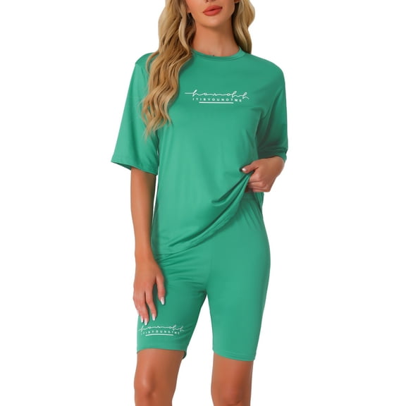 INSPIRE CHIC Women's 2 Piece Outfits Letter Printed Workout Short Sleeve T-Shirt Bodycon Shorts Lounge Sets S Green
