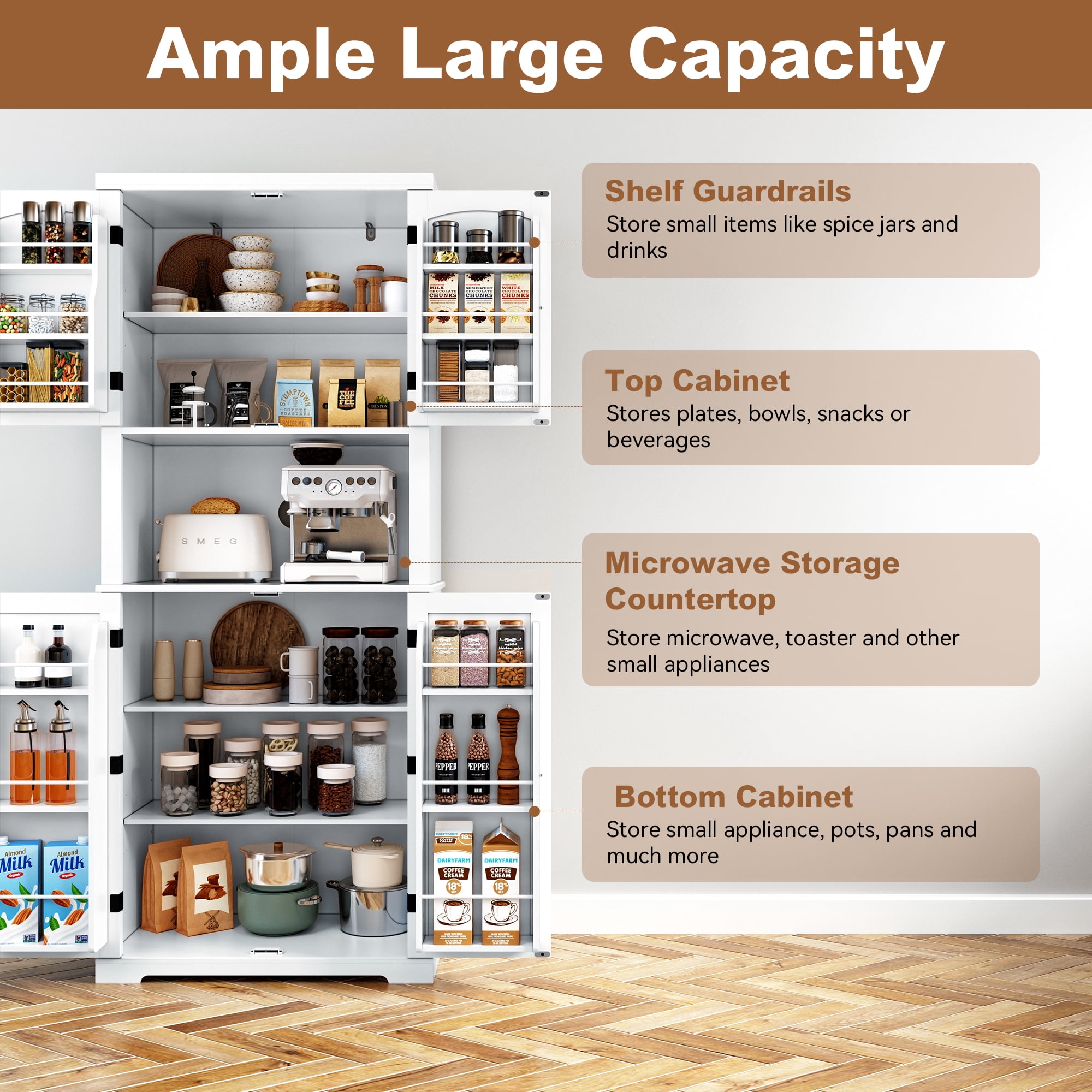 HLR 72" Kitchen Pantry Cabinet, Freestanding Pantry Storage Cabinet with Hutch & Shelves, White