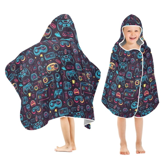 Toddler Hooded Beach Towel 24x50 Kids Bath Towels Soft Quick Dry for Swim Pool Boys Girls Neon Game Controllers