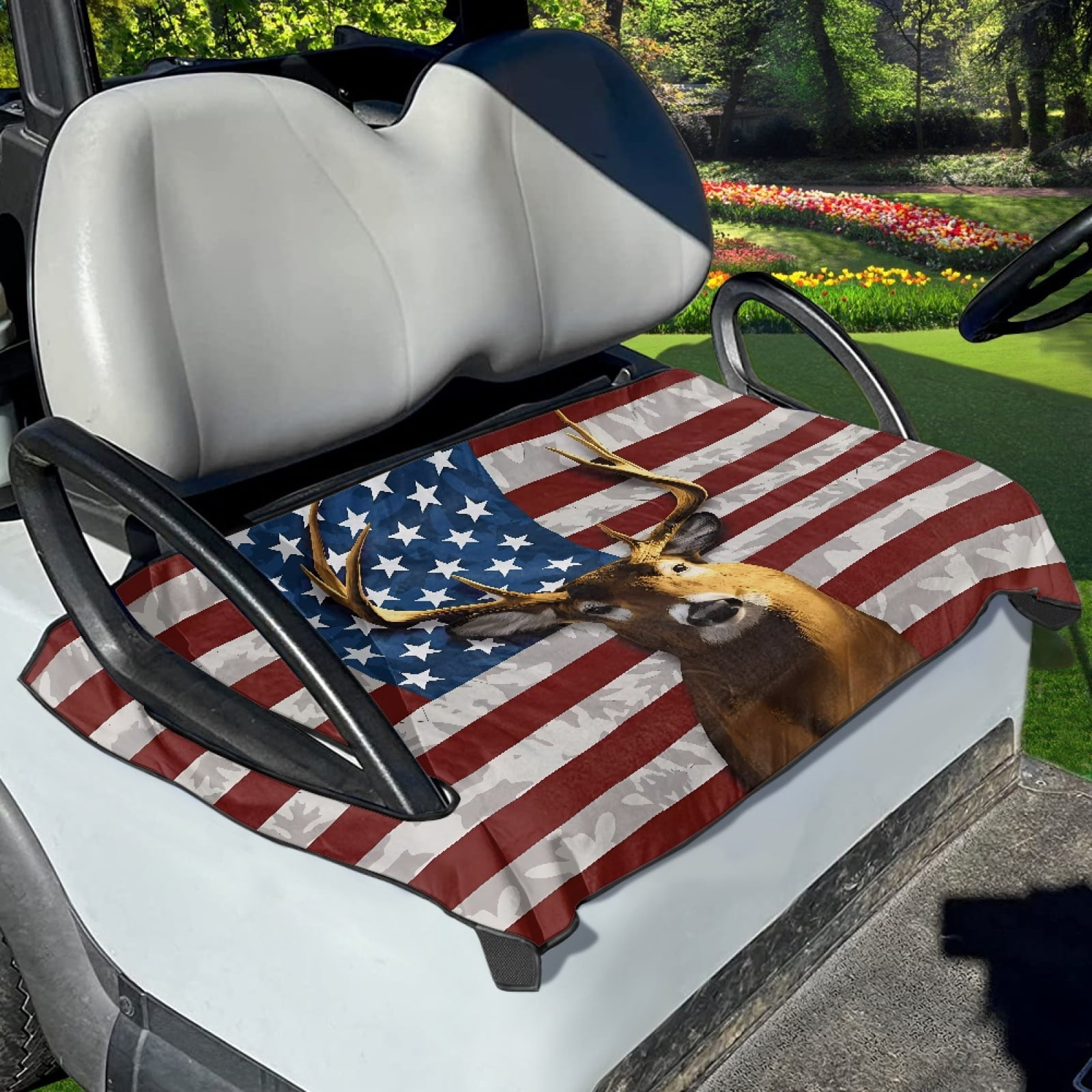 Xoenoiee Deer Elk US Flag Pattern Golf Cart Seat Covers, Universal Golf