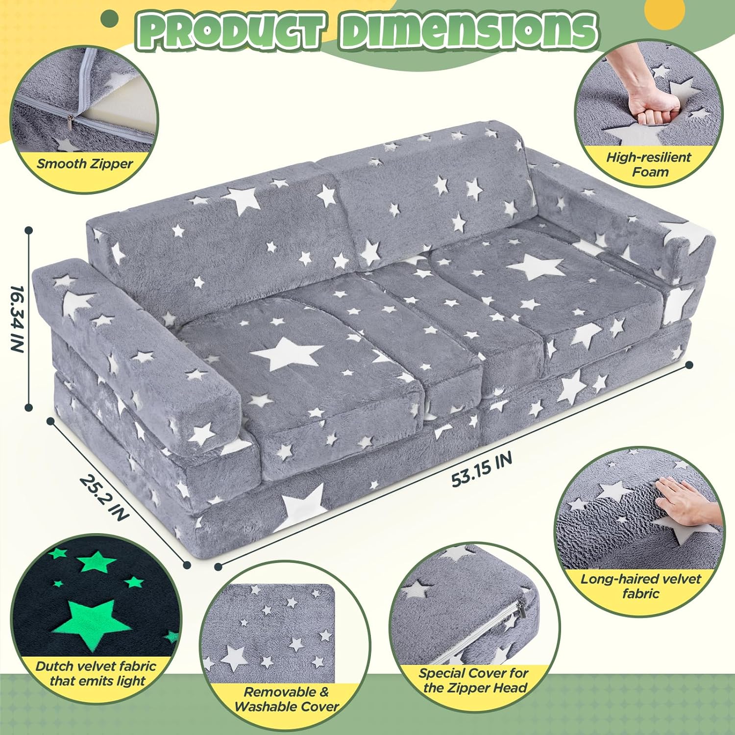 EAYSG Foam Modular Kids Couch Sofa, 13PCS Kids Play Couch, Glowing Toddler Couch Convertible Baby Play Couch Children Sofa for Playroom Bedroom (Gray)