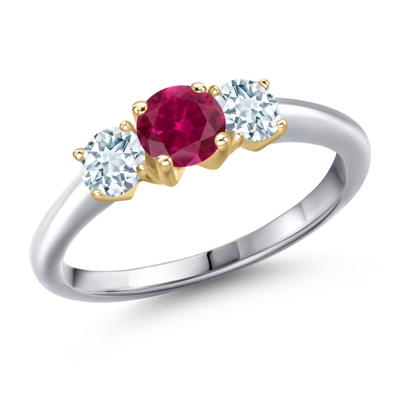 Gem Stone King 925 Silver and 10K Yellow Gold Red Created Ruby and Sky Blue Aquamarine Engagement Ring for Women | 1.10 Cttw | Round 5MM | Gemstone July Birthstone | Size 6