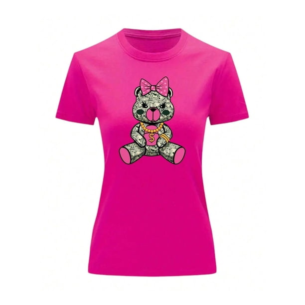 Playera Blusa De Osita Con Dolares Ropa De Mujer Juvenil Oso Dinero Color Fucsia Talla Grande Marca Emil SaEs