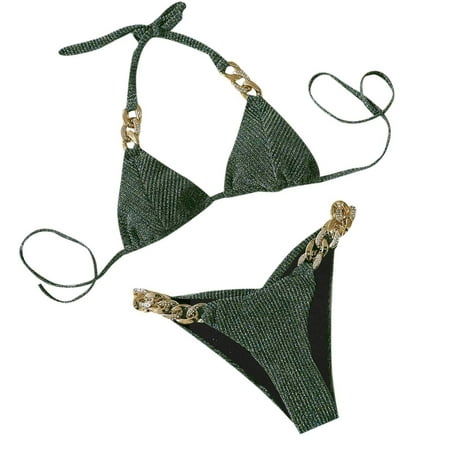 

VKEKIEO Two-Piece Sets Swimsuit Sport Bra Style Padded Green L