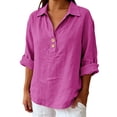 thumbnail image 2 of 3/4 Sleeve Linen Tops for Women 2026 Plus Size Casual Button V Neck Collard Tunic Summer Spring Boho Blouses Outfits Purple Pink S, 2 of 9