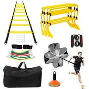 Speed Agility Training Equipment Set , Includes 4 Adjustable Hurdles, Agility Ladder, Leg Resistance Bands, Resistance Parachute, Jumping Rope & Carry Bag , 20 Disc Cones,Double Your A