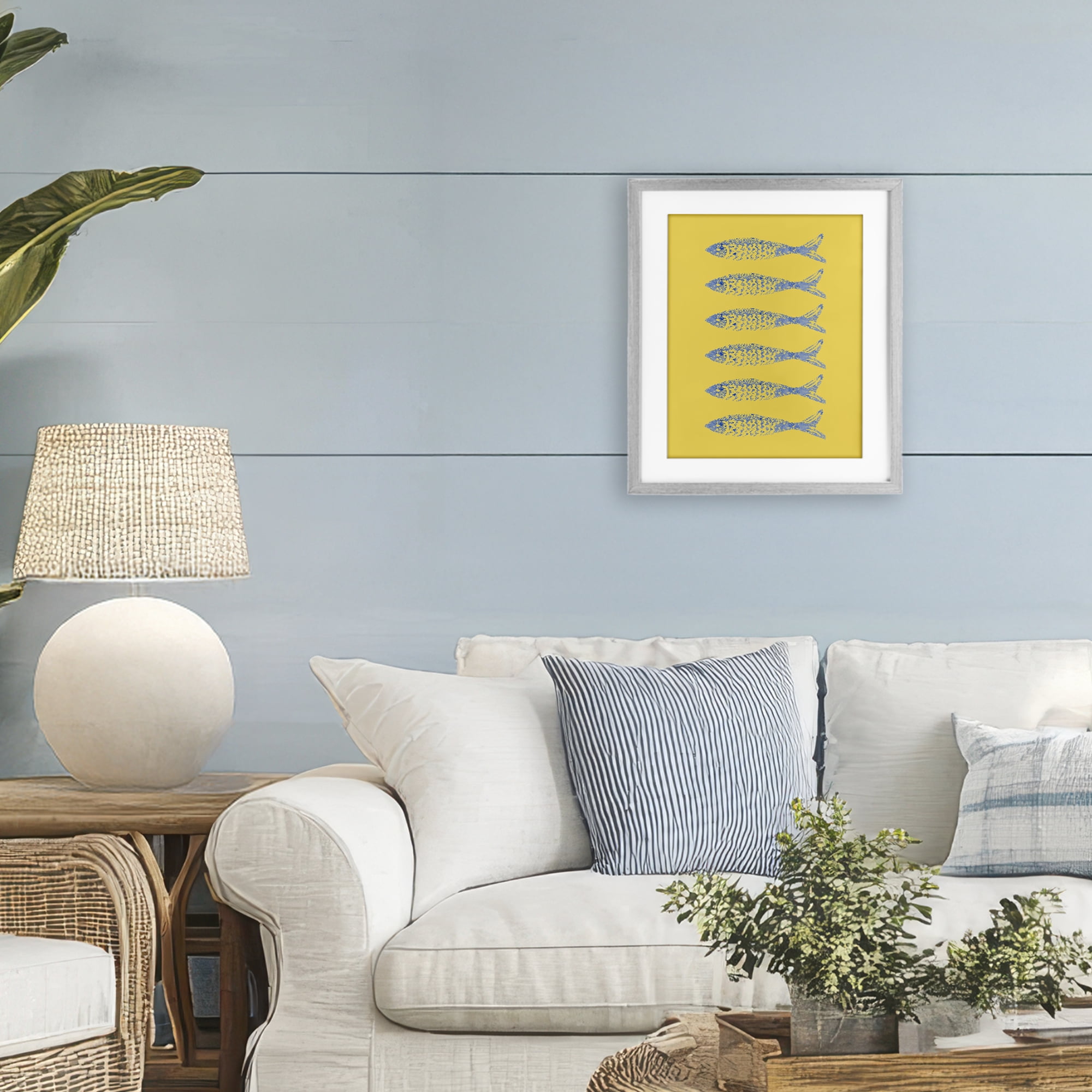 Stupell Industries Sardine Stamps on Yellow Gray Framed Print Under Glass, design by Julie DeRice