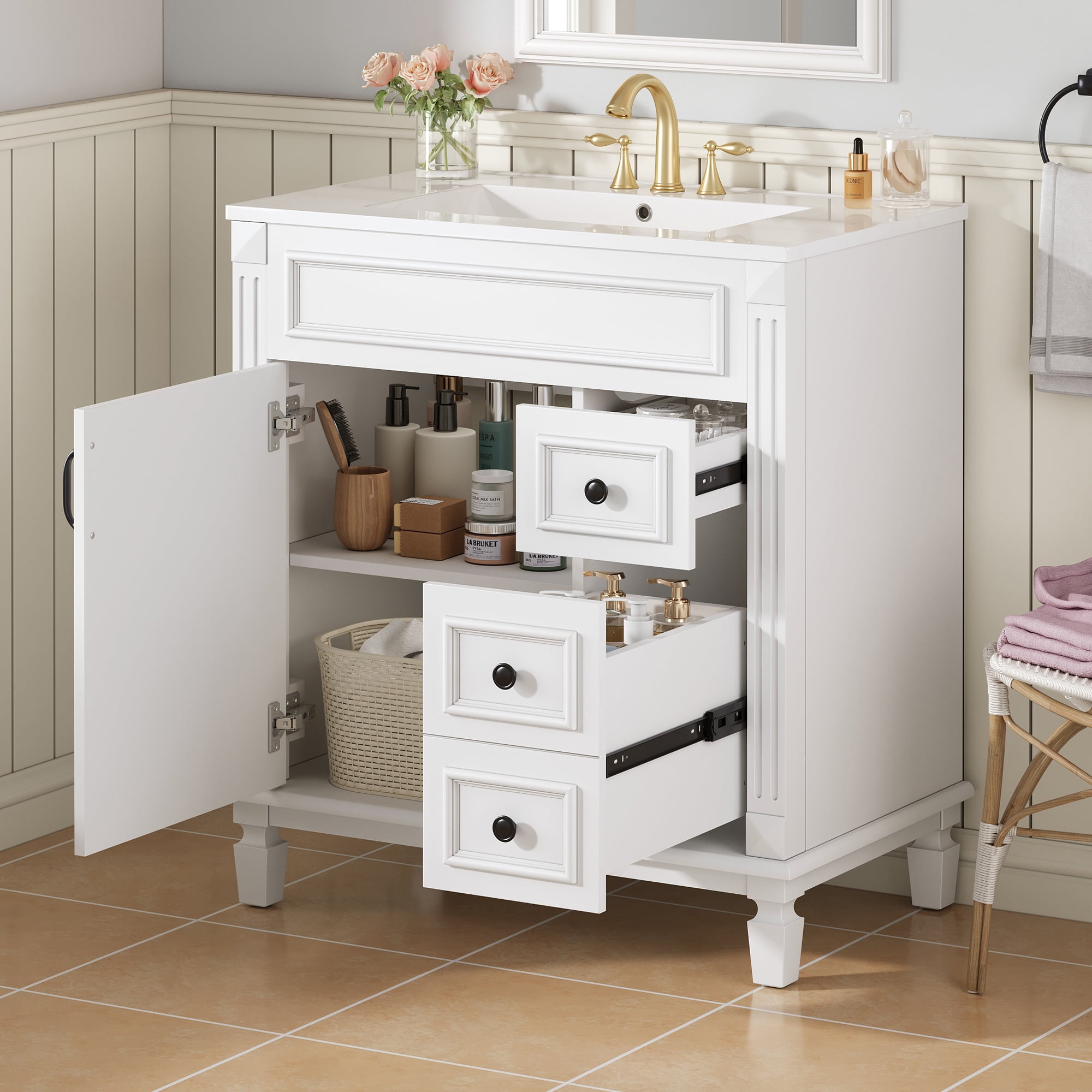 Euroco 30" Bathroom Vanity with Ceramic Sink, Small Bathroom Sink Cabinet, Modern Cabinet with 2 Drawers and Adjustable Shelf