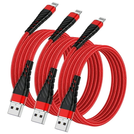 [Apple MFi Certified] iPhone Charger 6ft,Lightning Cable 6 Foot,3 Pack Long Braided,6 feet Nylon Metal Connector Phone Charging Cord Compatible with iPhone 14/14 Pro Max/13 Mini/12/11/XS/XR/8/7/6,Red