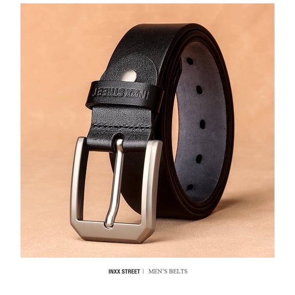 INXX Men's Genuine Leather Pin Buckle Belt, Top-Grain Cowhide Versatile Jeans Belt, Suitable for Business and Casual, Black, Durable and Comfortable, Cloth Size 51 inch