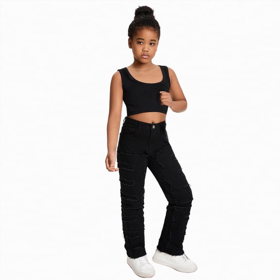 Gubotare Kids Jeans for Girls Boot Cut Teens Girls Wide Leg Pants Baggy Jeans High Elastic Waist Denim Cargo Pants Y2K Streetwear Distressed Boyfriend Jeans Size 9-10 (Black,9-10 Years)