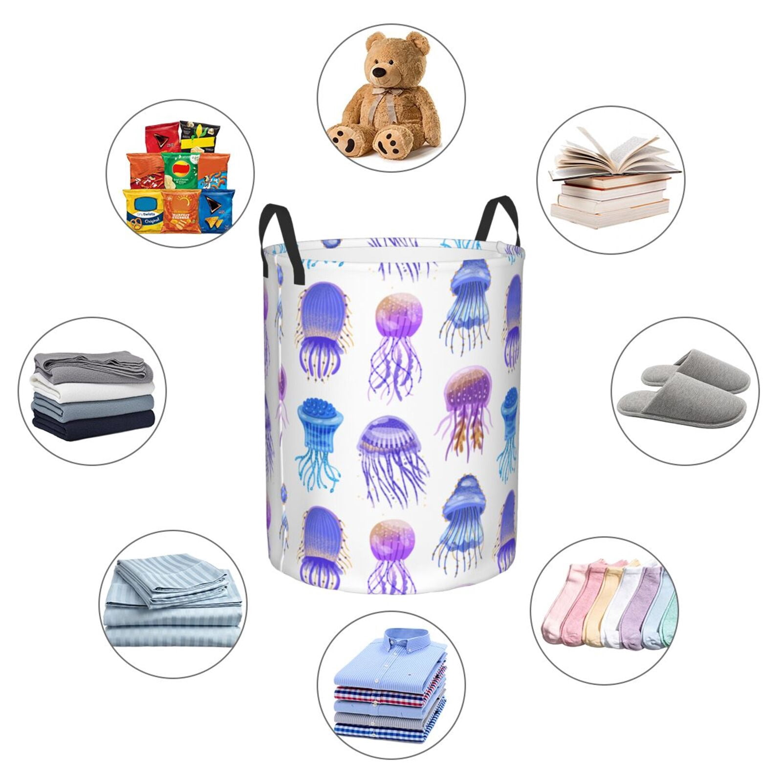 Large Laundry Basket with Handles - Blue-Purple Jellyfish Kids Baby Dirty Clothes Laundry Hamper for Bedroom Aesthetic