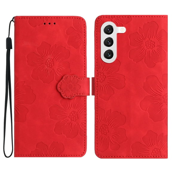 SaniMore Case for Samsung Galaxy S23 Plus 6.6" 2023, [Card Slots   Cash Pocket   Removeable Wrist Strap] PU Leather Embossed Flower Flip Kickstand 360° All-around Protective Wallet Shell, Red