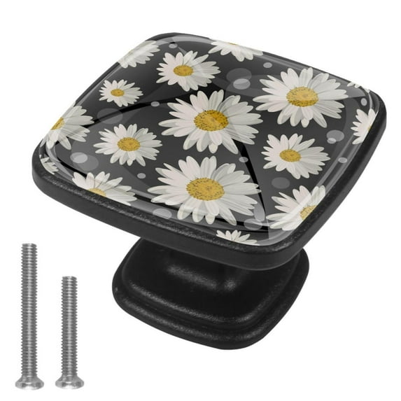 4 Pcs Cabinet Handle Drawer Pulls Daisy Black Floral Knobs with Screws Square Furniture Office Cabinet Knob Decoration