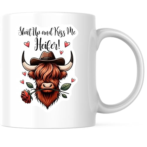 Bliss Monkey Co. Highland Cow Coffee Mug - Shut Up and Kiss Me Heifer Mug - Western Cowboy Mug - 11 Ounce Coffee Mugs - Design Printed On Both Sides - High Quality Ceramic - BMCM3154