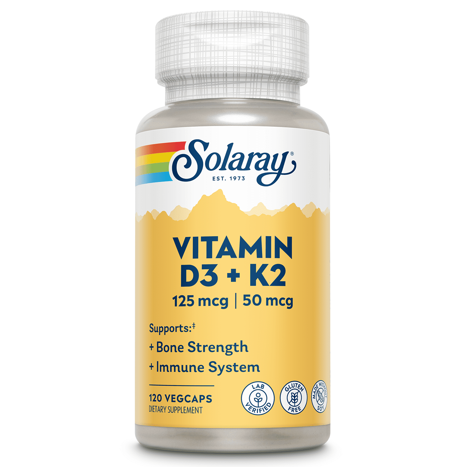 SOLARAY Vitamin D3 K2 - Bone Health and Immune Support Supplement - With 5000 IU Vitamin D as Vit D3 and 50 mcg Vitamin K2 as Menoquinone MK7, Made Without Soy, 60-Day Guarantee (120 Servings, 120 VegCaps)