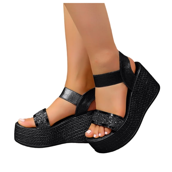 Rokment Women's Sparkly Sequin Platform Sandals for Dressy Comfortable Elastic Ankle Strap Slip on Wedge Chunky Heeled Walking Summer Shoes Bride Wedding Black Size 6