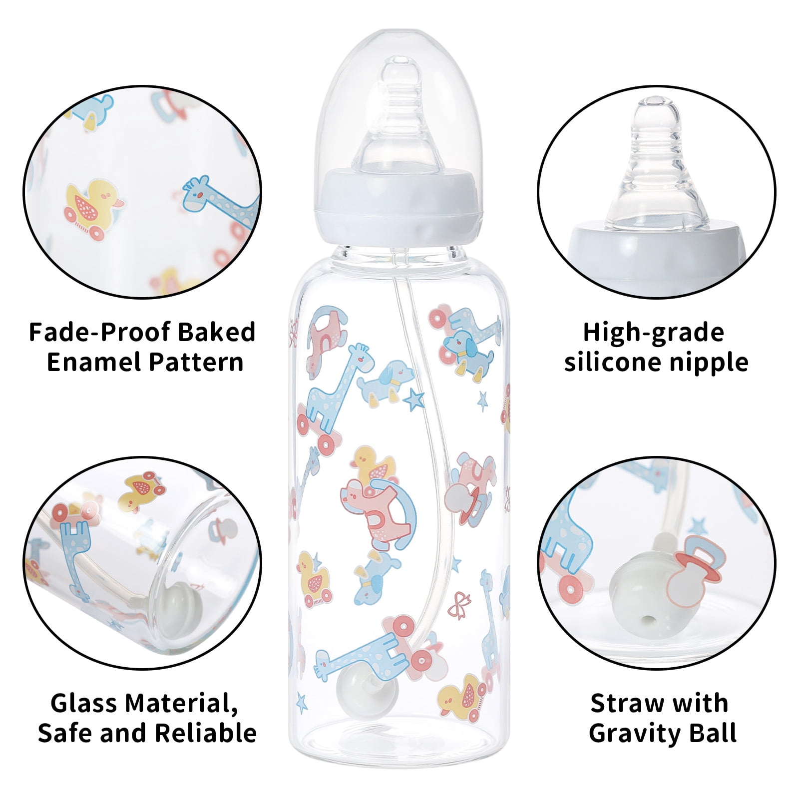 CutiePlusU Adult Glass Feeding Bottle Cute Printed Large Size Baby Bottles 13.5Oz/400ML Rocking Fun