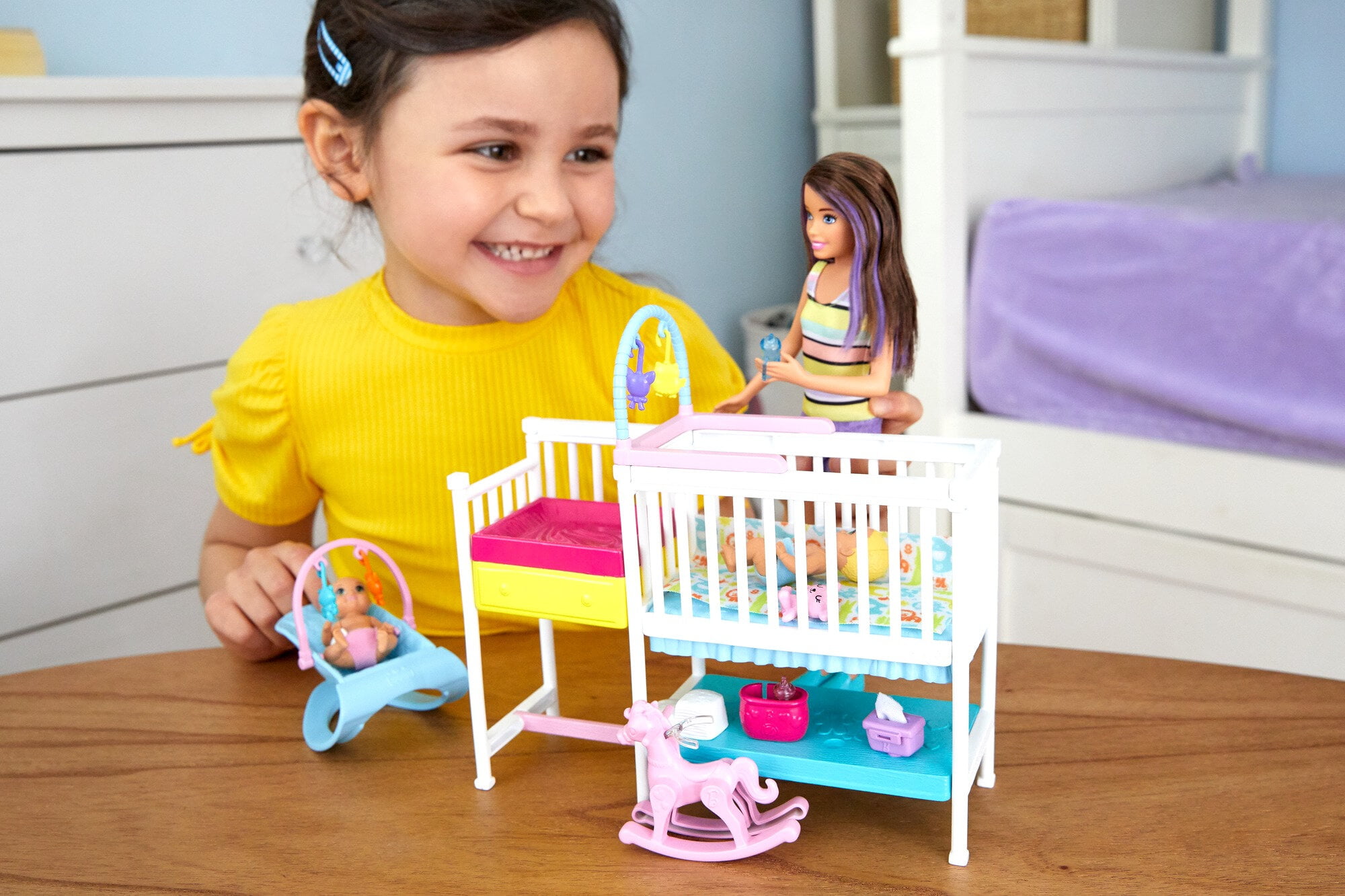 2 Baby Dolls Crib Doll Barbie Nursery Playset with Skipper Babysitters Inc 
