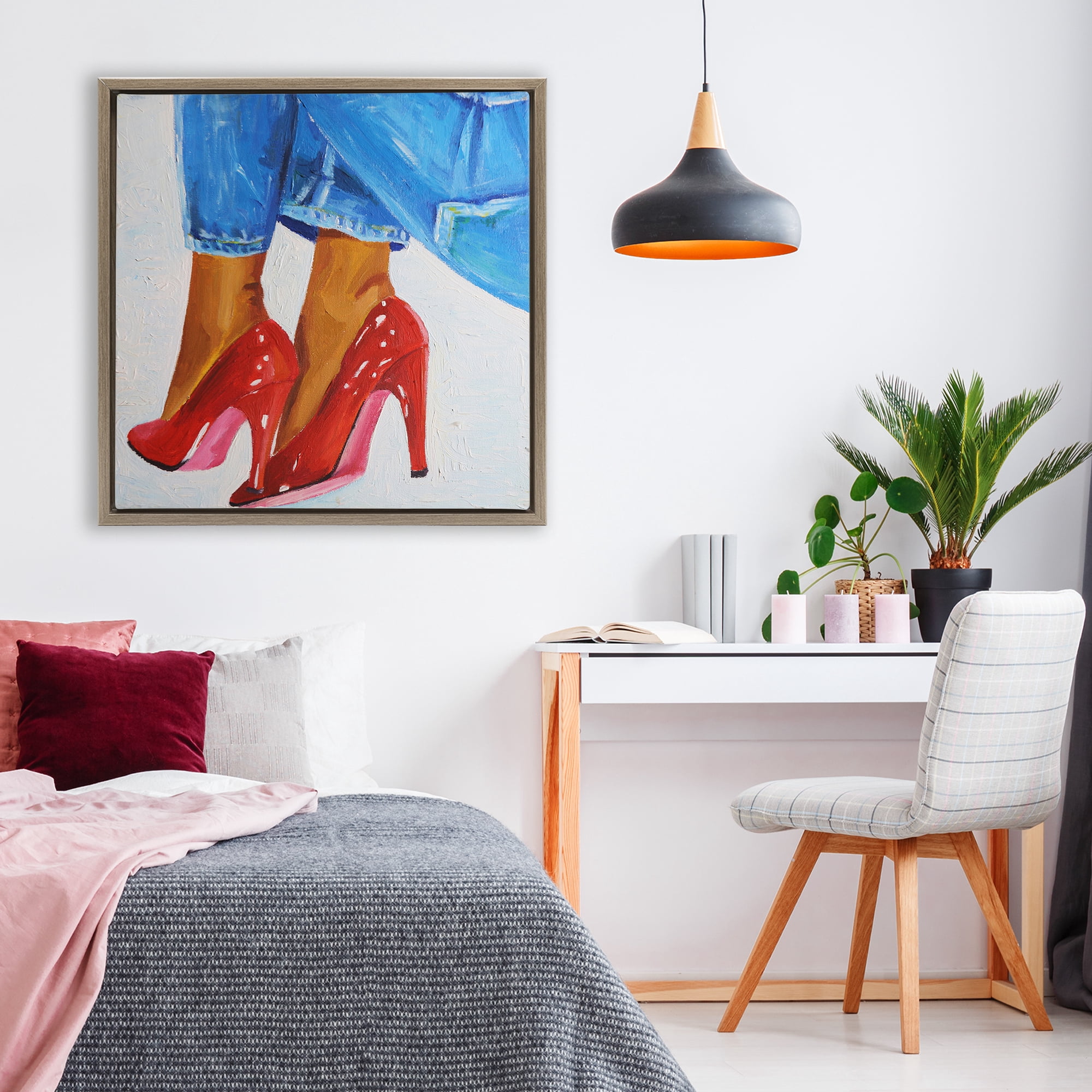 Stupell Industries Glossy Red Pumps & Jeans Brown Framed Floater Canvas Wall Art, design by Violeta Vollmer