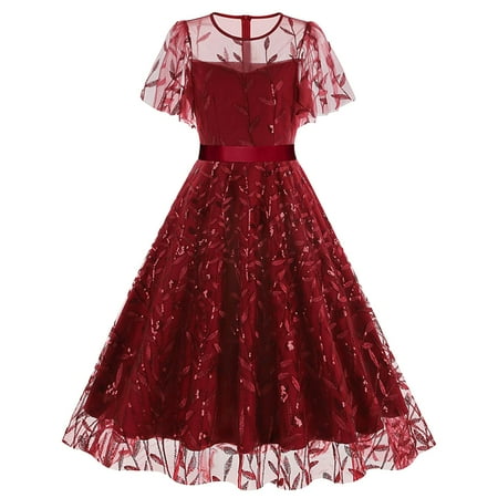 eileial Women Floral Dress Summer Boho Corset Square Neck Strapped Swing A Line Beach Wedding Party Vintage Ball Gown(Red S)