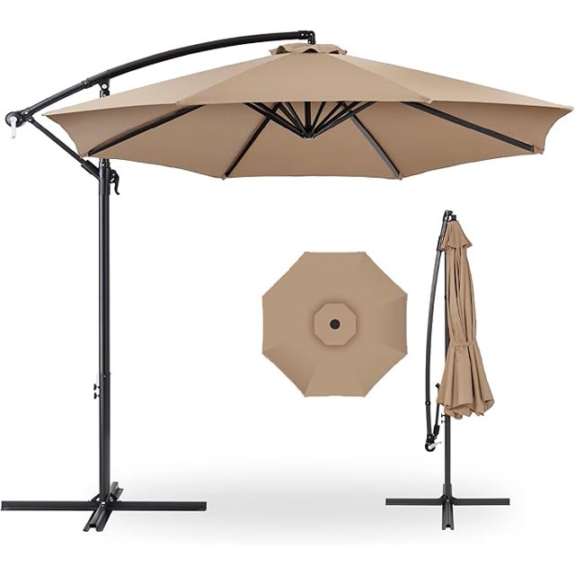 Parasol de Marché Suspendu Déporté de 10 Pi pour Terrasse avec Réglage d'Inclinaison Facile, Ombrage en Polyester, 8 Baleines pour Cour Arrière, Bord de Piscine, Pelouse et Jardin