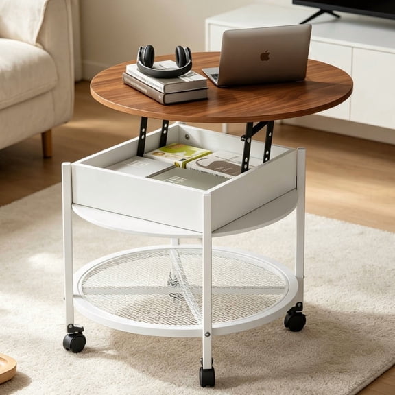 Ktaxon Adjustable Height Round Coffee Table with Storage, Rolling Snack Tray, Lockable Wheels, Multifunctional RGB Lights Couch Desk for Living Room, Bedroom, Small Spaces, Washed White