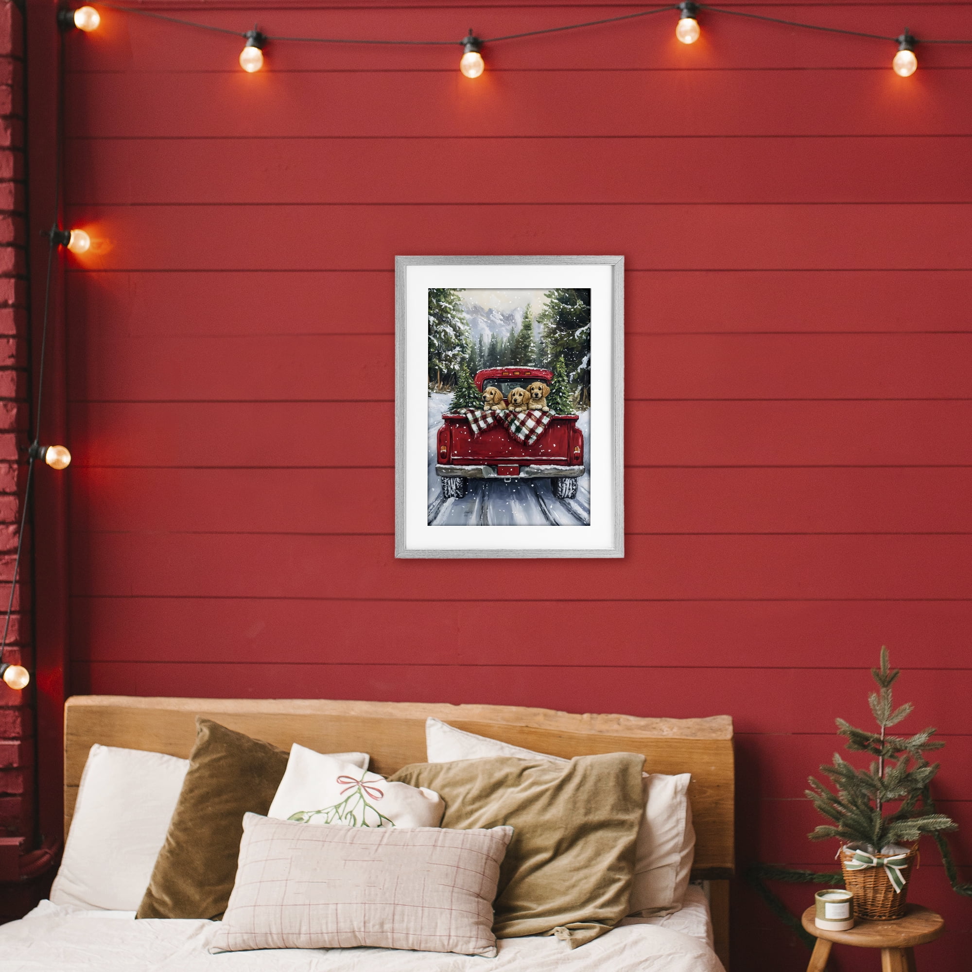 Golden Pups Christmas Truck Gray Framed Print Under Glass, design by Petal Prints Design