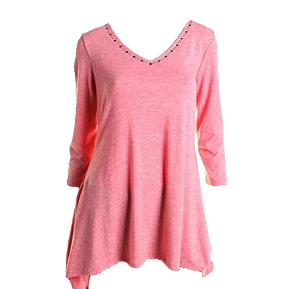 Essentials By Milano Womens Jersey Studded 3/4 Sleeve Tunic Top Shirt Mid Pink M