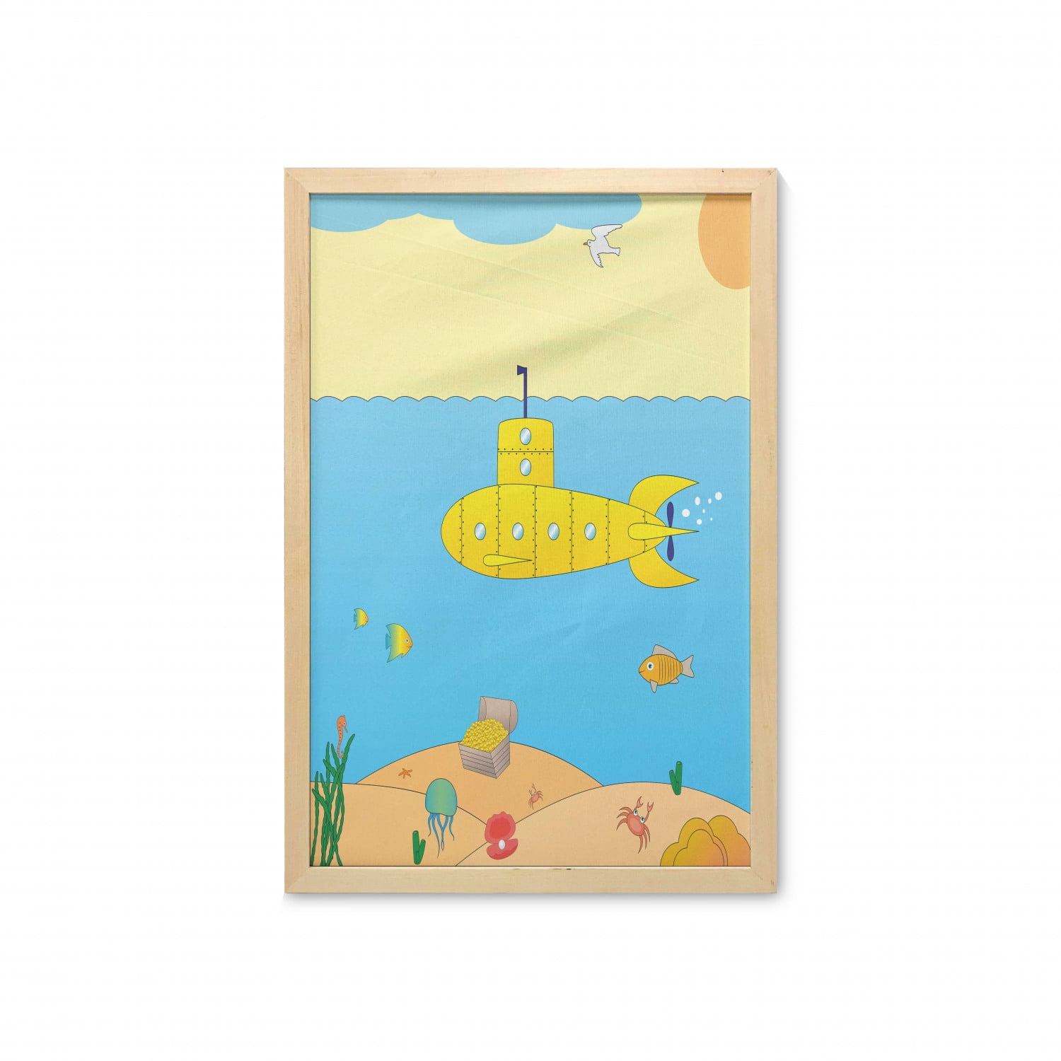 Yellow Submarine Wall Art with Frame, Cartoon Under Sea Adventure