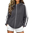 thumbnail image 2 of Zip Up Hoodie for Women Long Sleeve Drawstring Oversized Sweatshirt Jacket Side White Stripe Sweatshirts Dark Gray S, 2 of 8