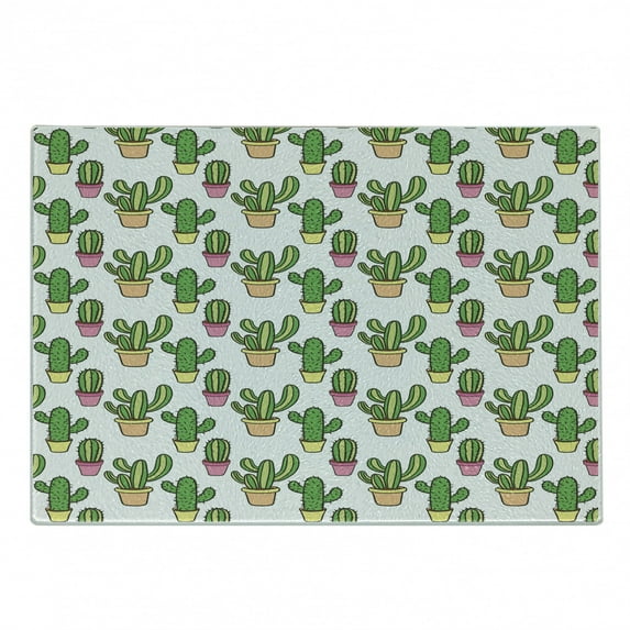 Cactus Cutting Board, Vases and Pots with Flowers Cartoon Drawing Colorful Summer Plants Design, Decorative Tempered Glass Cutting and Serving Board, Small Size, Peach Pink Green, by Ambesonne