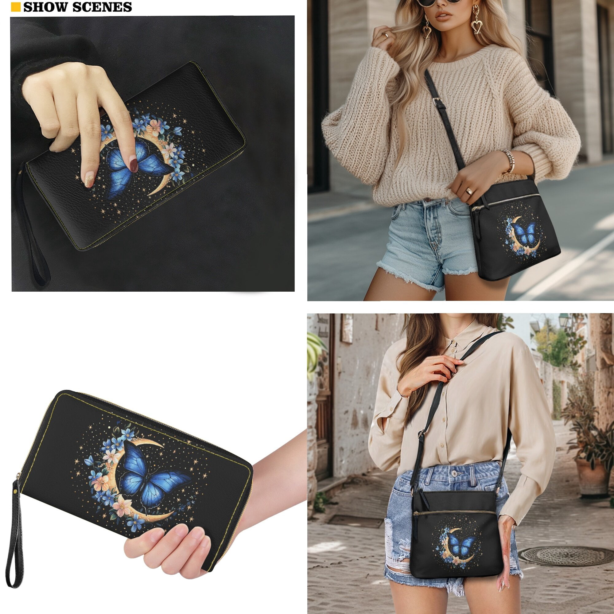 LedBack Butterfly Print Zipper Hobo Bag Wallet Set 2 Pcs Handbag and Wallet Set for Women, Leather Crossbody Satchel Purse Shoulder Handbag Messenger Purse, Black
