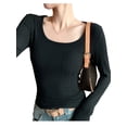 thumbnail image 3 of Women Long Sleeve Shirts Square Neck Tops Ribbed Knit Basic Crop Tops Fall Outfits Fashion Clothes Black L, 3 of 7