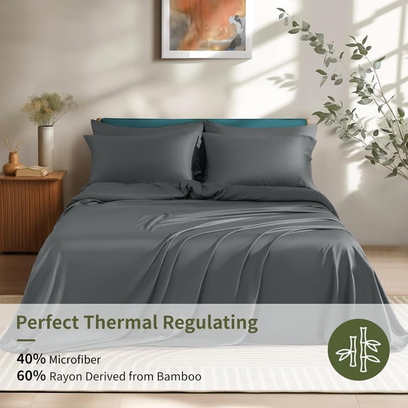 6 Piece King Sheet Sets Cooling Bamboo Blend Deep Pocket Breathable Soft Hotel Silky Bedding Dark Grey