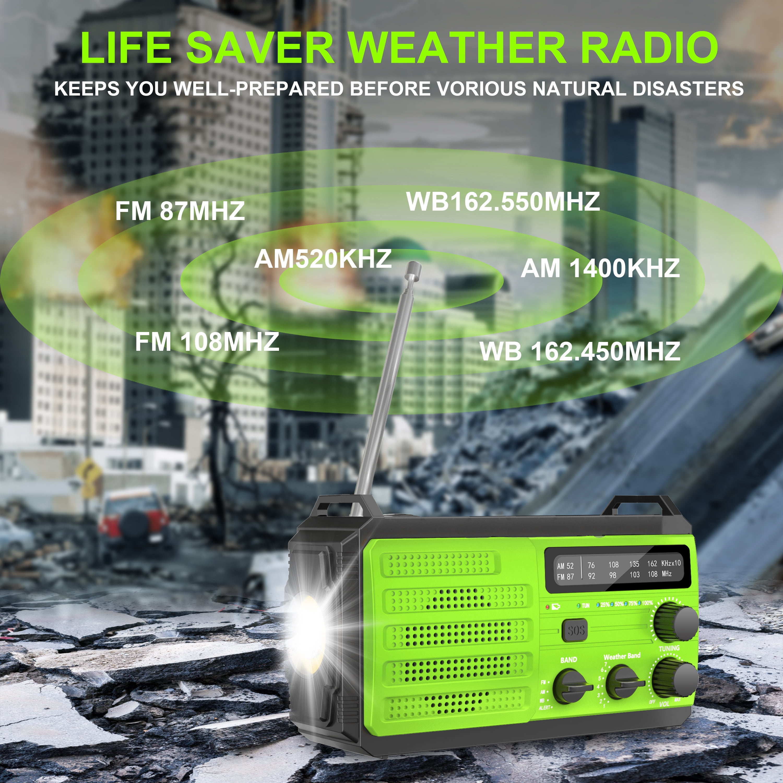 Jazmm  22200mWh Emergency Crank Radio, Emergency Solar Radio, NOAA/AM/FM Weather Radio, SOS Alarm, 6000wAh Battery Hand Crank Flashlight, Compass for Tornado, Winter Storm, and Survival Kits(Green)