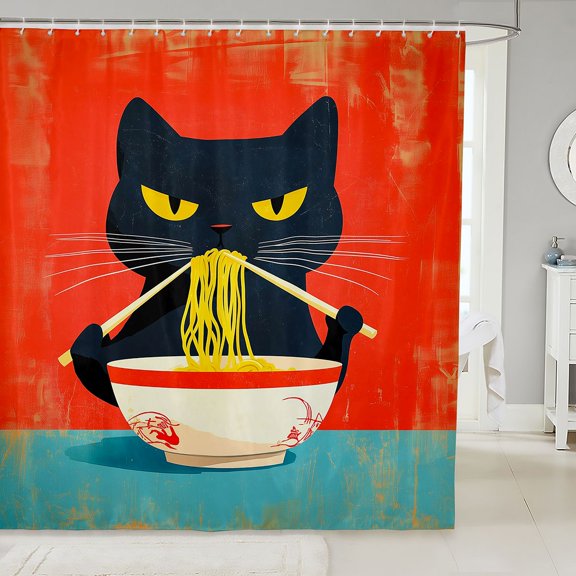 Manfei Retro Cat Shower Curtain 72Wx72L, Japanese Ramen Kitten Bathroom Curtain, Red Teal
