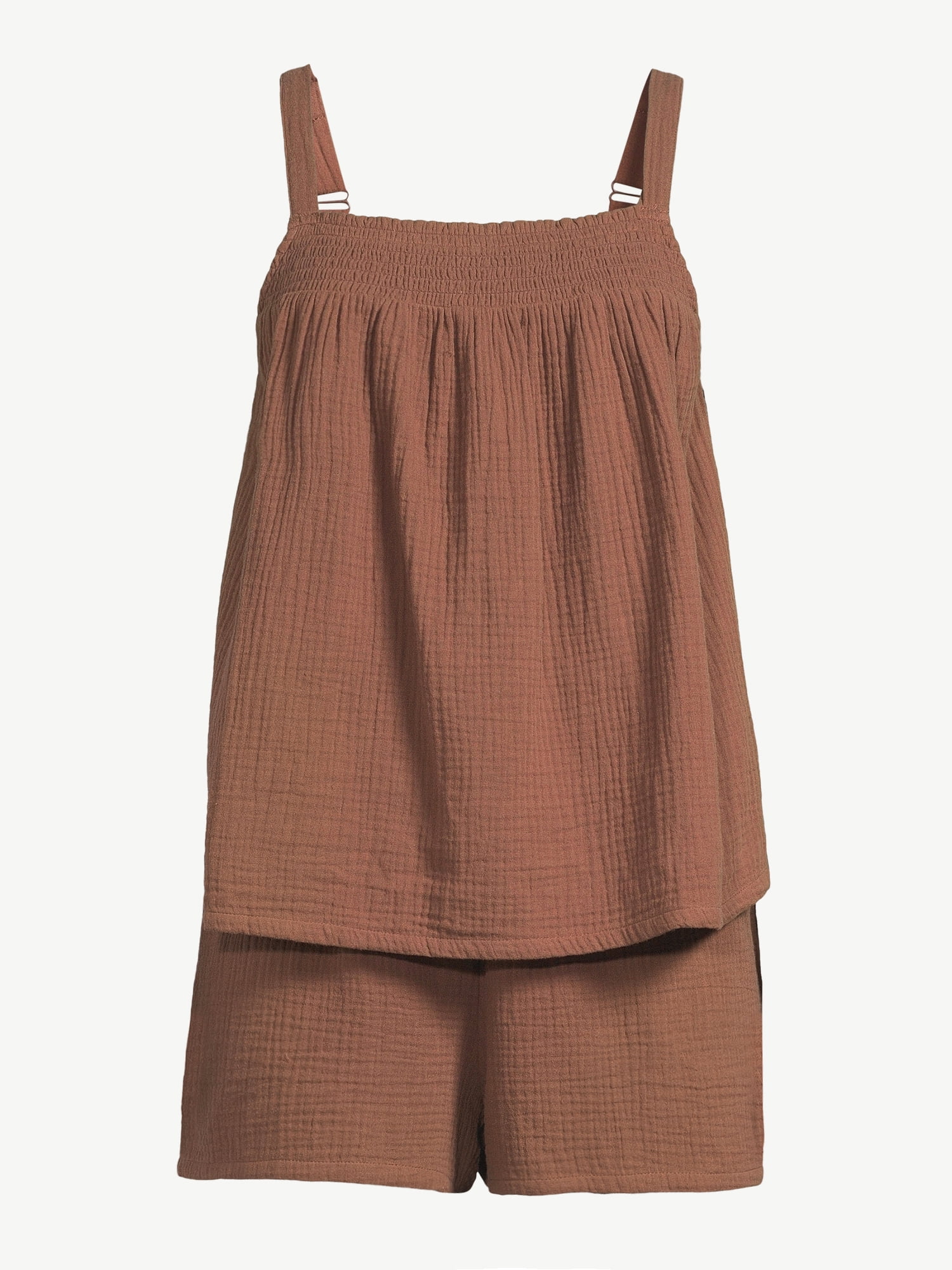 Joyspun Women's Gauze Smocked Cami Top and Shorts Sleep Set, Brown Latte, Sizes S to 3X