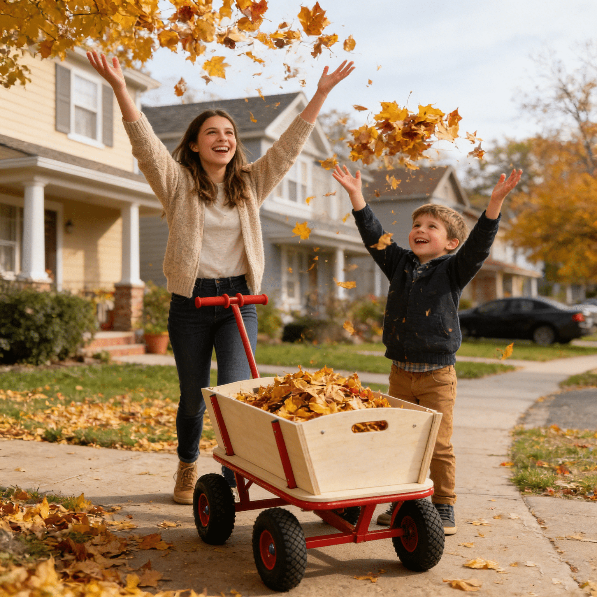 Olurrisa Red & Wood Children's Wagon with 4 All-Terrain Wheels & Side Handles, 260 lbs Capacity Outdoor Stroller Cart for Toys, Gardening, and Family Fun
