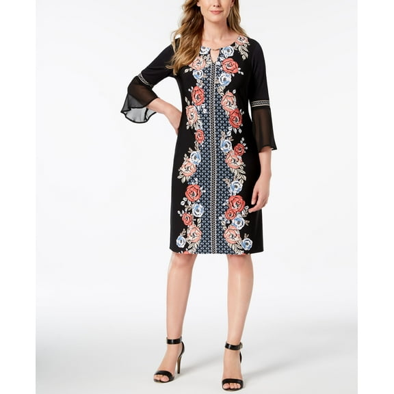 JM Collection Petite Printed Chiffon Sleeve Dress Black Verdant Deco PM