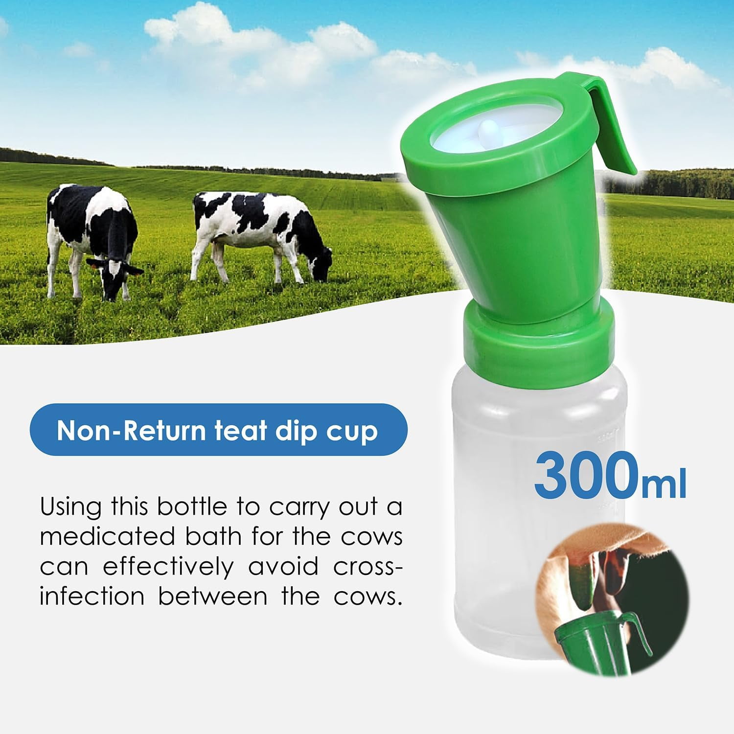 ABCISI 2 Pack Teat Dip Cup, Non Reflow Nipple Cleaning Disinfection, Portable Dip Cup for Cow Sheep Goat, Non-Return Teat Dipper - 10 fl oz (Green)