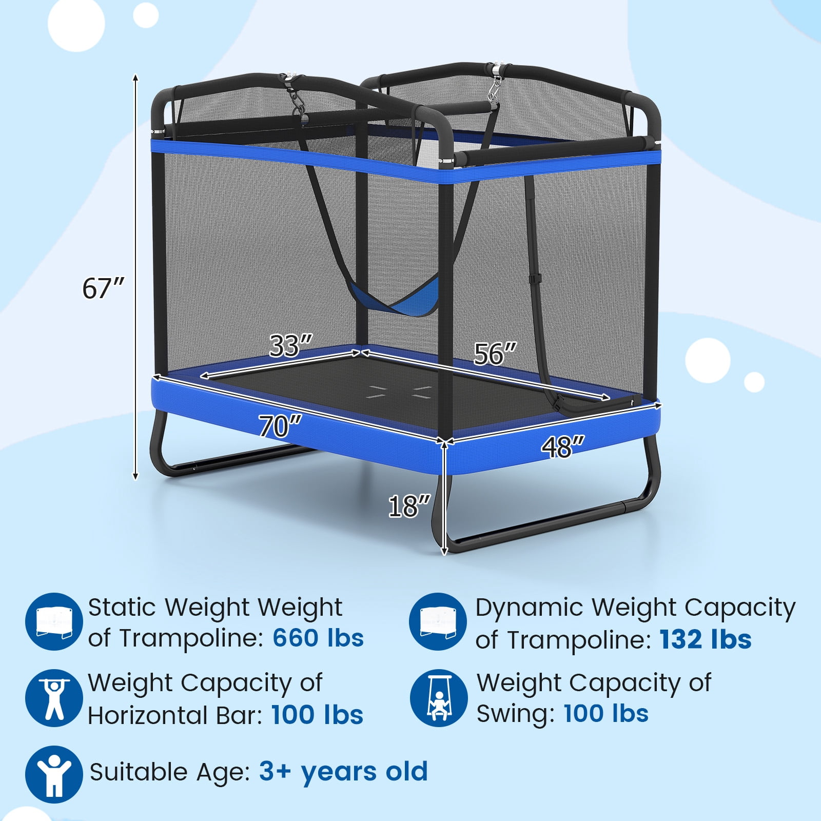 Gymax 6 FT Kids Trampoline w/Swing & Horizontal Bar Safety Enclosure Net Blue