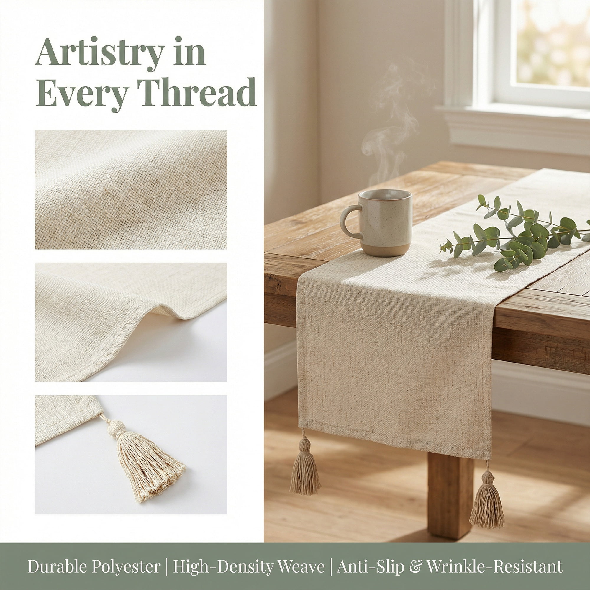 Unique Bargains Table Runner for Kitchen Decor with Tassel White 11.8x63in